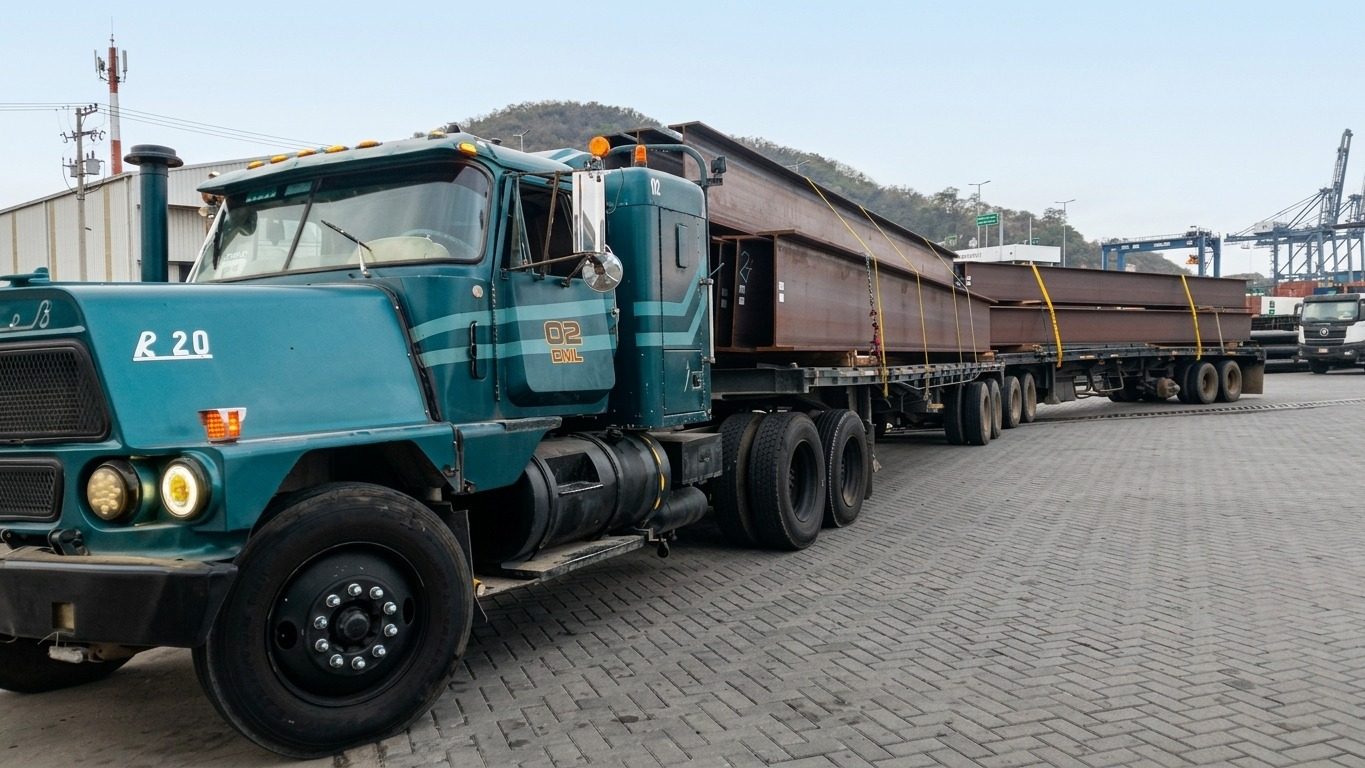 Unidad 02 de DML transportando vigas de acero aseguradas con cinchos