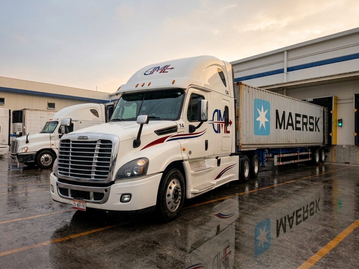 Tractocamión de DML con un contenedor Maersk en un andén de carga